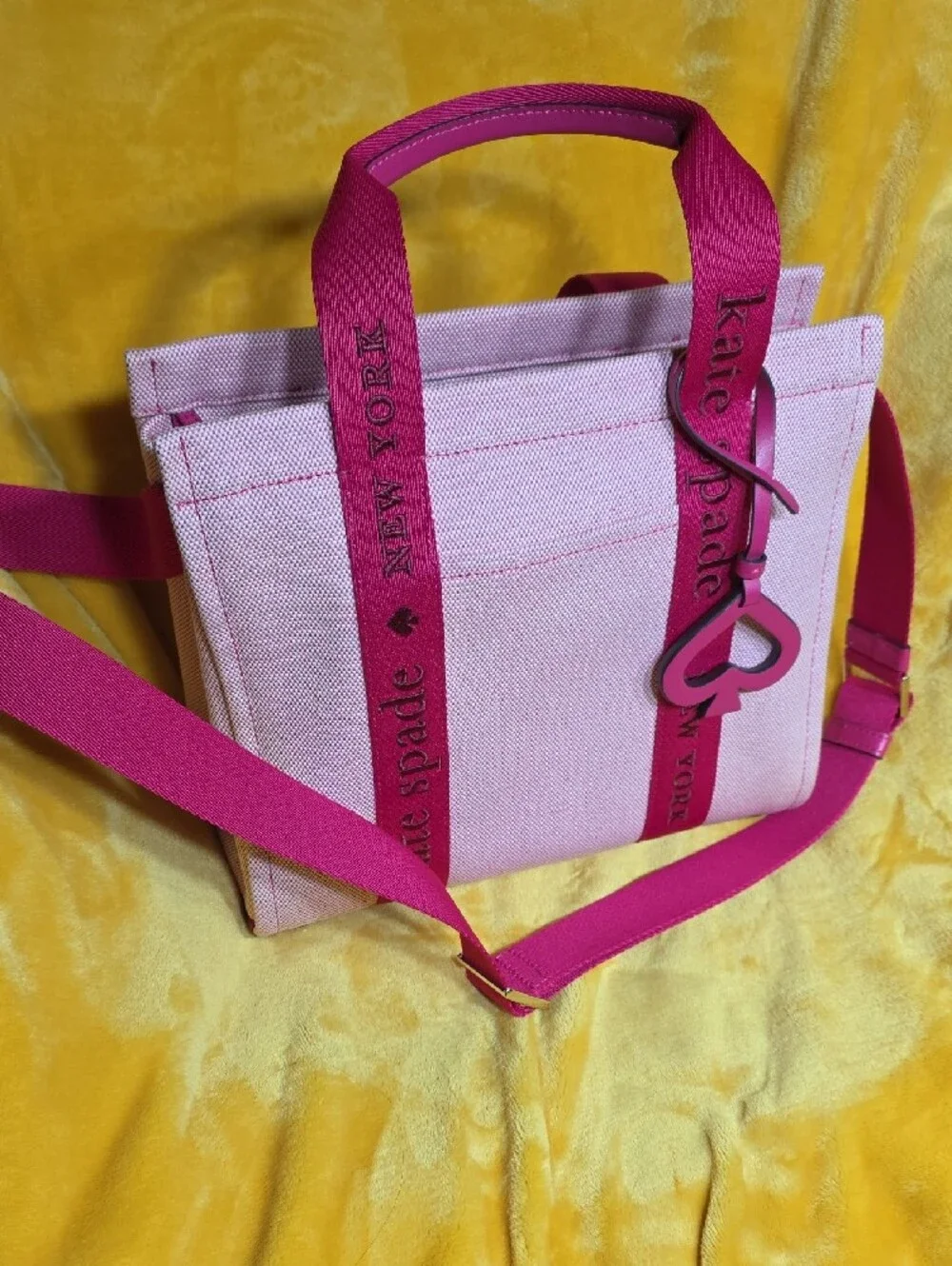 Authentic Kate Spade Pink Canvas Tote with Hot Pink Straps and Heart Charm